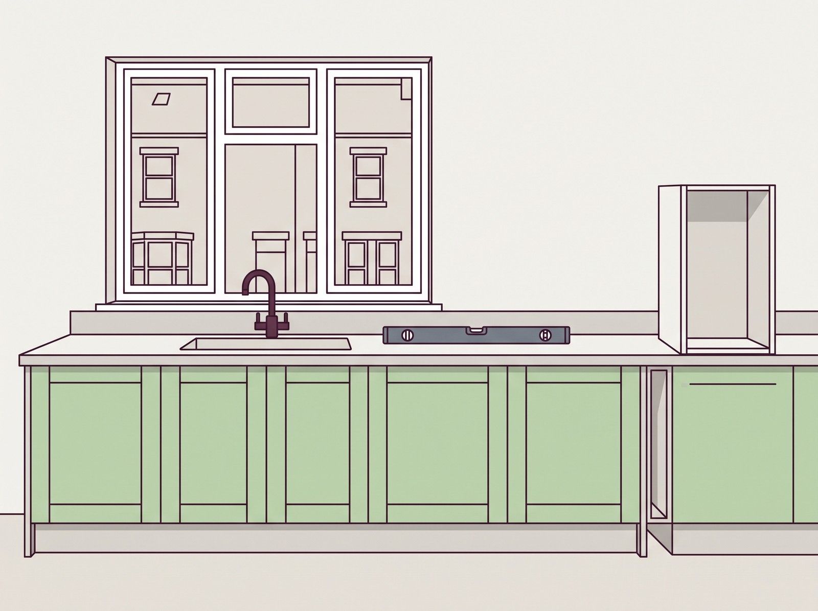 A kitchen part way through fitting, with new base units and a worktop along one wall and the wall units still to go up